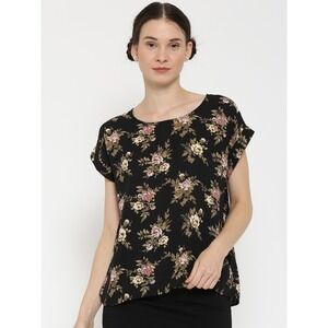 Forever 21 Floral Print Blouse Top Black Short Sleeve Casual Flowy Work‎ Small